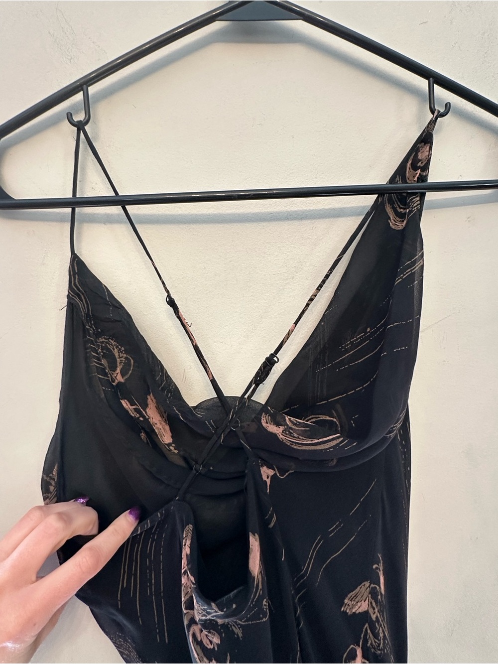 Vintage Y2K Lapis Black Silk Midi Slip Dress with Blush Rose Print Size Small - Picture 6 of 8